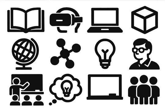 Educational Icon Set. Educational Mixed Reality silhouette icon set: open book, VR headset, laptop, 3D cube, globe, molecular model, light bulb, teacher icon, classroom, idea cloud