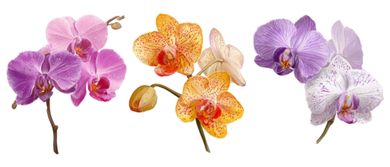 A vibrant display of various orchid flowers showcasing delicate petals in shades of pink, yellow, and purple, set against a transparent background, ideal for floral-themed designs