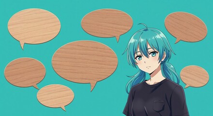 Speech bubble thoughts: The young woman with teal hair and speech bubbles. A composition that speaks to the power of communication, inviting viewers to fill the void with their thoughts.