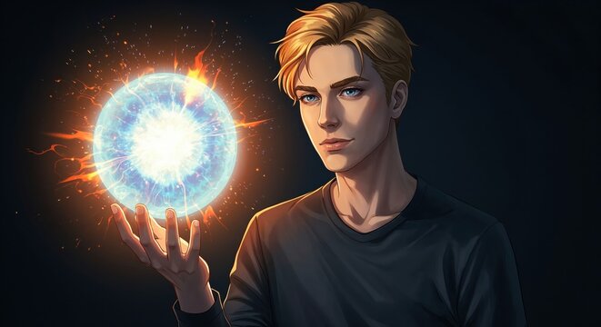 Mystical Orb of Potential: A captivating young man, exuding an aura of potential, delicately cradles a luminous, energy-filled orb. The image sparks imagination, portraying mastery of the arcane