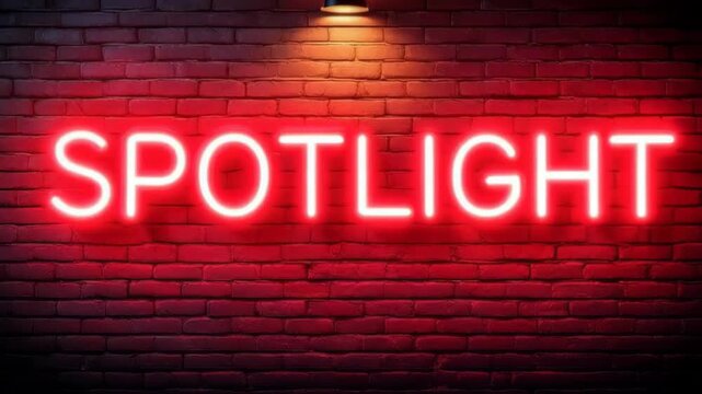 Illuminated Neon Sign Spelling Spotlight On A Textured Brick Wall With A Single Overhead Spotlight Creating Dramatic Lighting