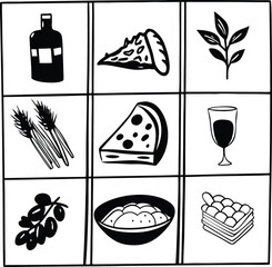 Vector icons bundle italian meal food elements pasta wine cheese grapes asparagus bottle dish