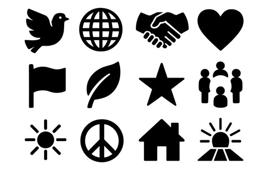 World Peace Icons. World Peace silhouette icon set: dove, globe, handshake, heart, flag, leaf, star, people circle, sun, peace symbol, home, light beam. , .
