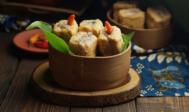 Tahu Bakso in the bamboo plate. Tahu bakso with chilli.