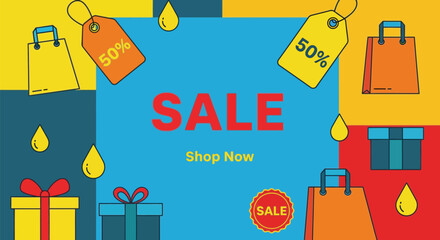Shop now sale offer discount promotion shopping bags gifts percent vector