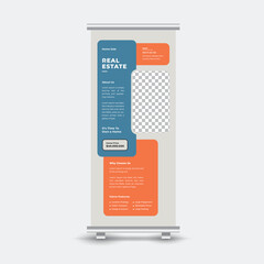 Real estate rollup banner template for home sale with contact information and property features