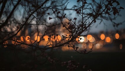 Captivating photograph showcases the silhouette of tree branches with delicate buds against a blurred background of vibrant orange bokeh lights, creating a serene and artistic atmosphere during the...