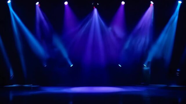 Dramatic Stage Lighting With Blue And Purple Haze Illuminating Empty Performance Venue With Spotlights