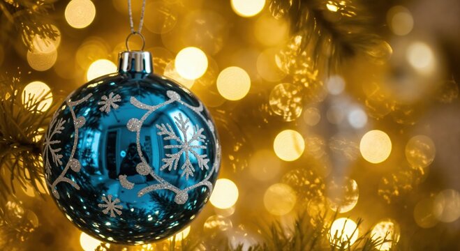 Festive Ornament on a Christmas Tree: Close-up of a vibrant blue Christmas ornament with intricate white snowflake design hanging on a Christmas tree with blurred warm bokeh lights in background. - Powered by Adobe