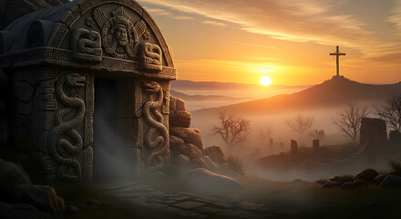 An ancient tomb opens into a misty landscape, with the silhouette of a cross on a hilltop at dawn