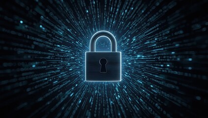 Digital security concept featuring a glowing padlock symbol against a backdrop of flowing binary code, representing data protection and safeguarding personal information with an illustrative,...
