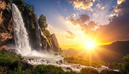Fototapeta premium Stunning Waterfall Cascading into a River, Illuminated by a Golden Sunset's Embrace