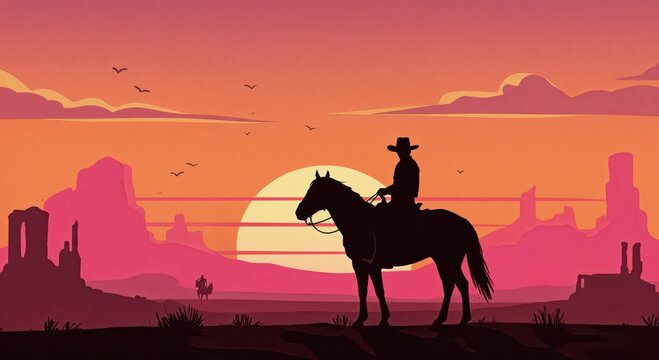 Lone Rider's Silhouette at Sunset: An evocative illustration of a cowboy on horseback, framed against the blazing hues of a desert sunset, conjuring the spirit of the Wild West.
