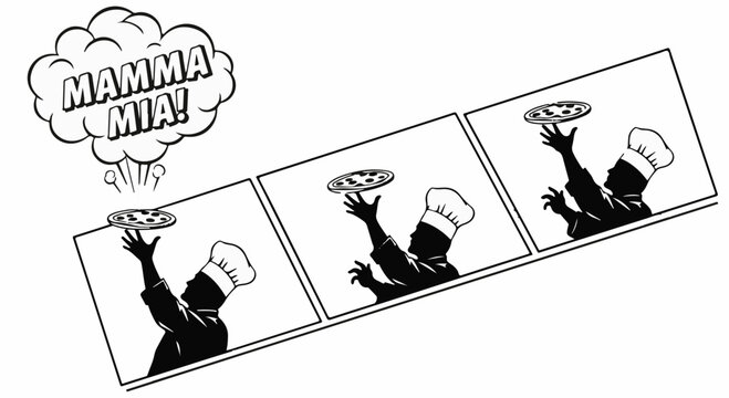 Chef skillfully tosses pizza dough in a comic strip sequence