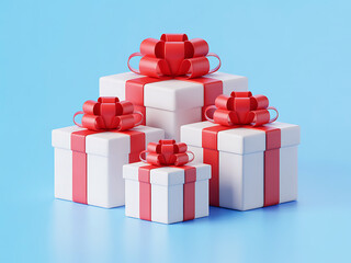 Pile of White Gift Boxes with Red Ribbons on Blue Background