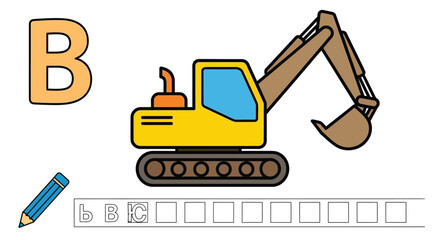 Excavator coloring page for kids learning alphabet b construction vector