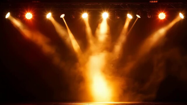 Dramatic Stage Lighting with Smoke Effects in Warm Orange and Yellow Hues Illuminating a Dark Empty Venue