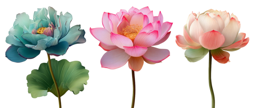 A vibrant arrangement of three beautifully detailed lotus flowers in varying shades of blue, pink, and white, set against a clean background, showcasing their natural beauty and elegance