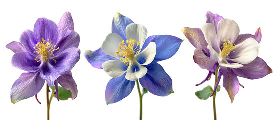 A vibrant display of three columbine flowers showcasing their unique colors and intricate structures, set against a clean background, ideal for nature-themed designs and botanical studies