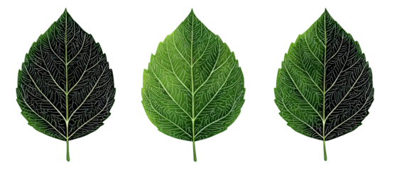 A close-up view of three distinct leaves showcasing varying shades of green and texture, set against a plain background, ideal for nature studies or botanical illustrations