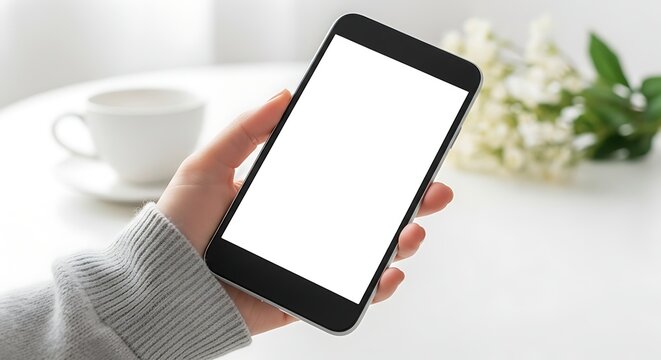 Hand holding smartphone with blank screen near coffee and flowers.