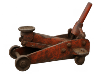 Old rusty hydraulic floor jack with peeling red paint, a vintage car lifting tool for auto repair and maintenance, transparent background