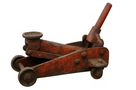 Old rusty hydraulic floor jack with peeling red paint, a vintage car lifting tool for auto repair and maintenance, transparent background