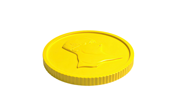 Glimmering gold coin with a profile image against black