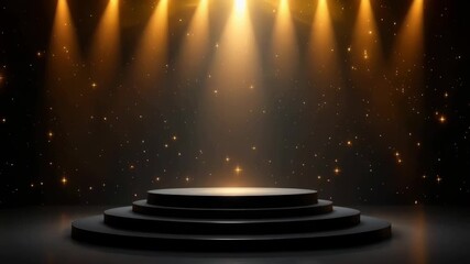 Empty Black Tiered Stage Platform Illuminated by Golden Stage Lights with Falling Sparkles and Bokeh Effects on a Dark Background