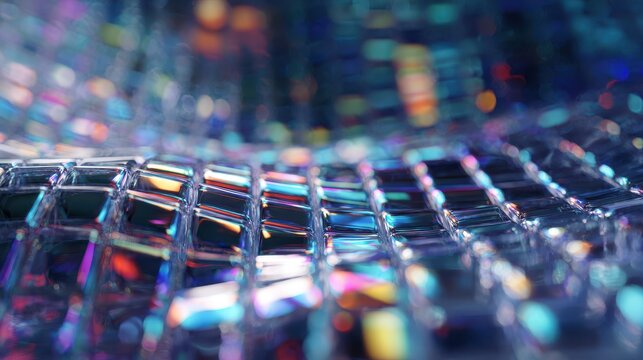 Abstract Grid of Reflective Cubes with Bokeh Lights, Futuristic Texture.