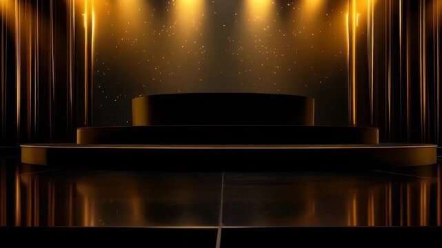 Empty Black and Gold Award Stage Podium With Spotlight And Glittering Particles For Ceremony Or Performance