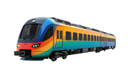 Colorful passenger train against a dark background