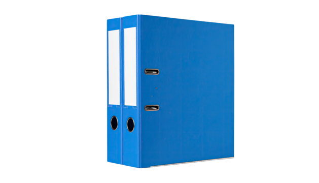 Blue binder with white labels, angled on a black background