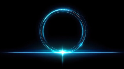 Abstract glowing blue circle portal with bright light flare on black background