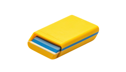 Yellow holder surrounds blue/white eraser on black background