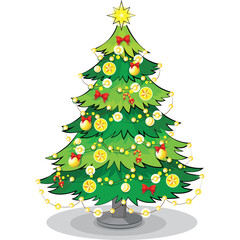 Festive Green Christmas Tree Decorated With Yellow Ornaments Red Bows Candy Canes And Twinkling Lights On A Transparent Background