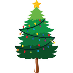 Festive Green Christmas Tree Decorated With Colorful Lights And A Yellow Star On Top With A Transparent Background