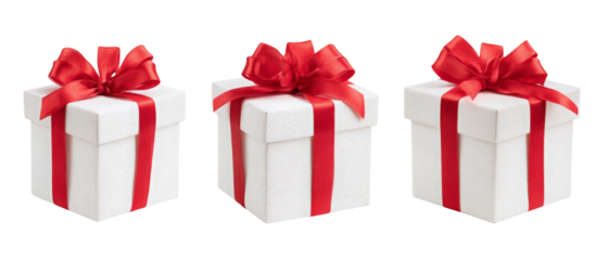 Three elegantly wrapped presents with red ribbons, arranged in a row, set against a clean background, ideal for holiday promotions, gift-giving occasions, or festive celebrations