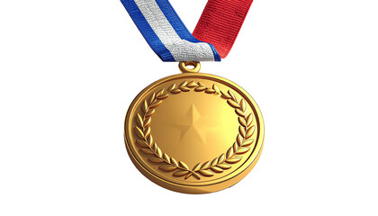 Golden medal featuring a laurel wreath, star, ribbon