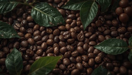 Roasted coffee beans are scattered amongst green leaves, creating a textured and rich display of natural elements.