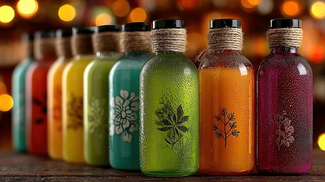 Row of colorful liquid filled bottles with decorative labels against blurred background.