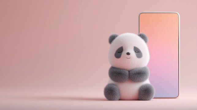Adorable fluffy panda sitting near smartphone on pink gradient background. Concept of digital communication, cuteness and modern minimal illustration