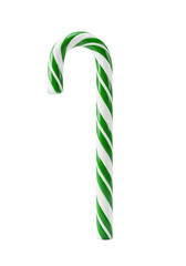 A classic festive candy cane with vibrant green and white spiral stripes, glossy, standing upright, isolated on a transparent background with soft light, cheerful Christmas holiday atmosphere.