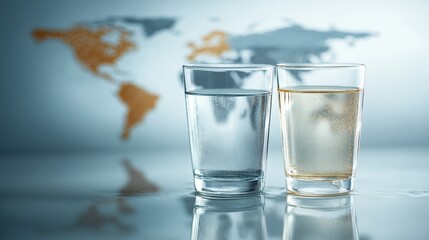 Two glasses of clear and sparkling water placed before blurred world map background. Concept of global hydration, purity, and resource sustainability
