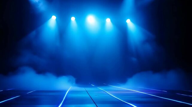 Empty Stage Illuminated by Bright Blue Spotlights with Dramatic Smoke Effects and Lined Lighting on Floor