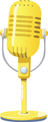 A vibrant isolated yellow vintage style microphone stands on a white background high quality