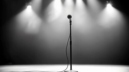 Empty Stage Spotlight on Vintage Microphone Ready for Performance Dramatic Lighting Creates Atmosphere