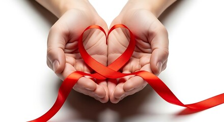 A pair of cupped hands holding a red awareness ribbon shaped into a heart on a white background.