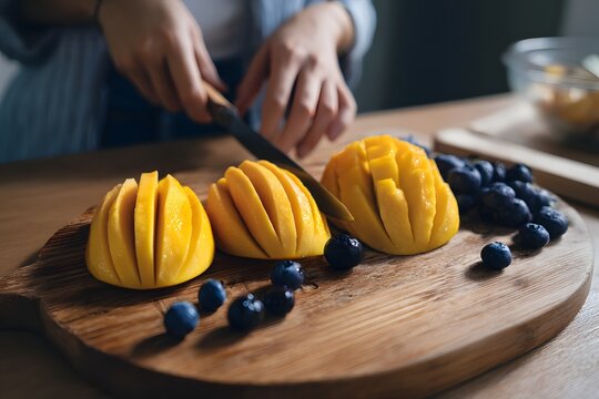 Cutting ripe mango on a wooden board with blueberries for a healthy snack