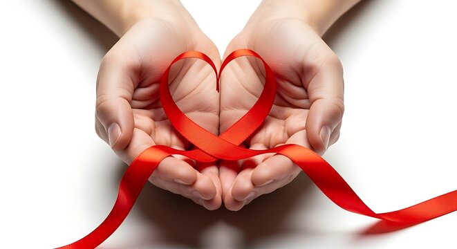 A pair of cupped hands holding a red awareness ribbon shaped into a heart on a white background.